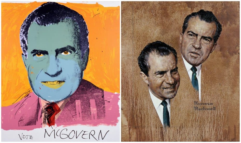 Andy Warhol's version of Richard Nixon in &quot;Vote McGovern, 1972,&quot; next to Norman Rockwell's painting &quot;The Puzzling Case of Richard Nixon, 1967.&quot; (Courtesy Andy Warhol Foundation for the Visual Arts and Normal Rockwell Family Agency)