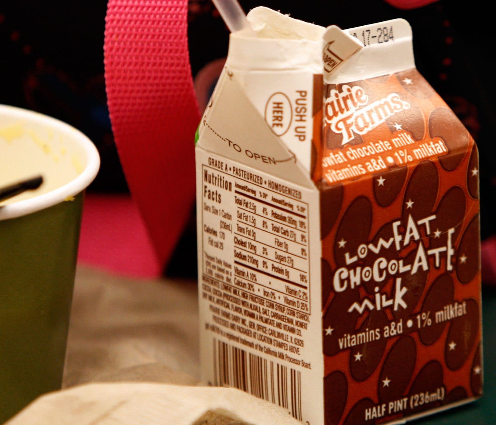 A container of chocolate milk sits on a table at Roslyn Road Elementary School in Barrington, Ill. where flavored milk was banned in 2009. (Nam Y. Huh/AP)