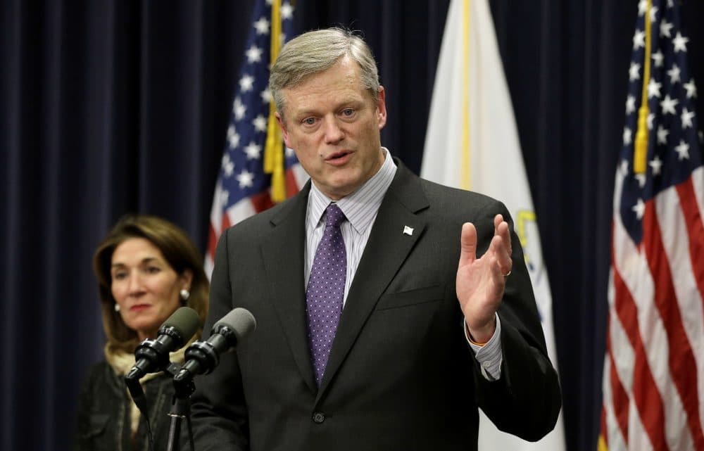 Gov. Charlie Baker speaks to the reporters during a January press conference. (Steven Senne/AP)