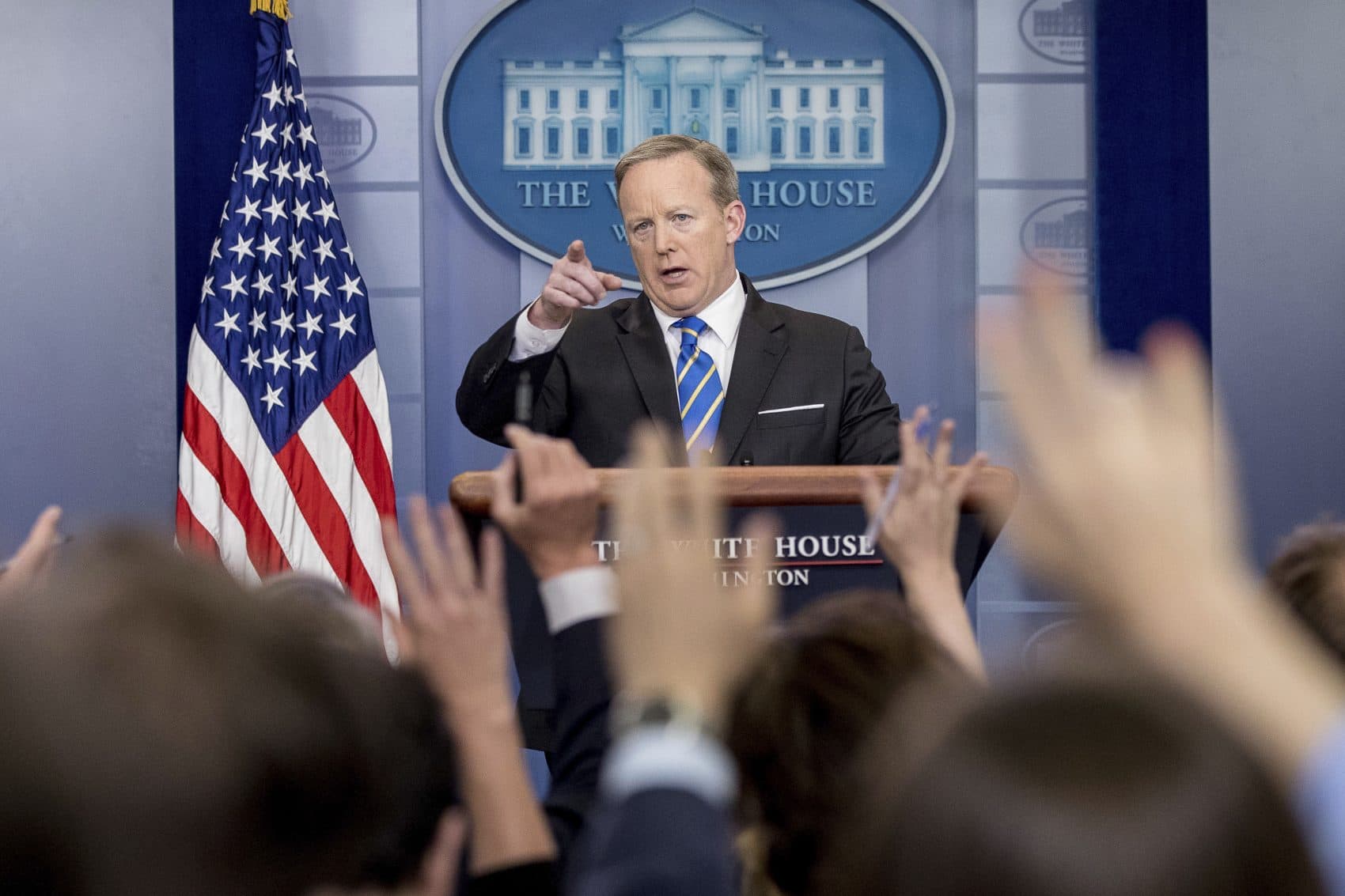 White House press secretary Sean Spicer calls on a member of the media during the daily press briefing at the White House in Washington, Monday, May 15, 2017. (Andrew Harnik/ AP)
