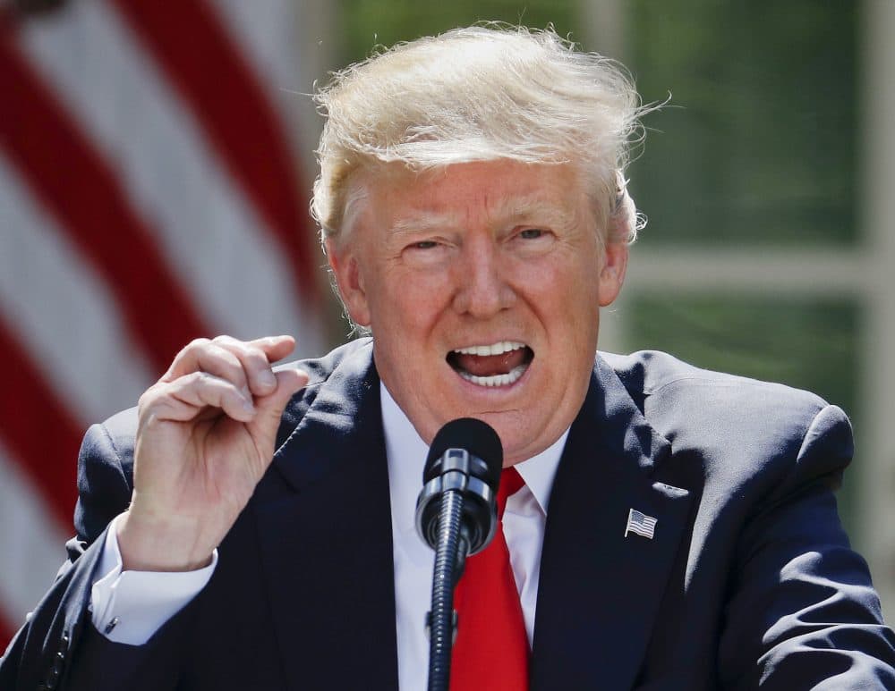 President Donald Trump gestures while speaking about the U.S. role in the Paris climate change accord, Thursday, June 1, 2017, in the Rose Garden of the White House in Washington. (Pablo Martinez Monsivais/ AP)