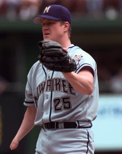 Jim Abbott warms up before the start of a Brewers-Cardinals game in 1999. (James A. Finley/AP)
