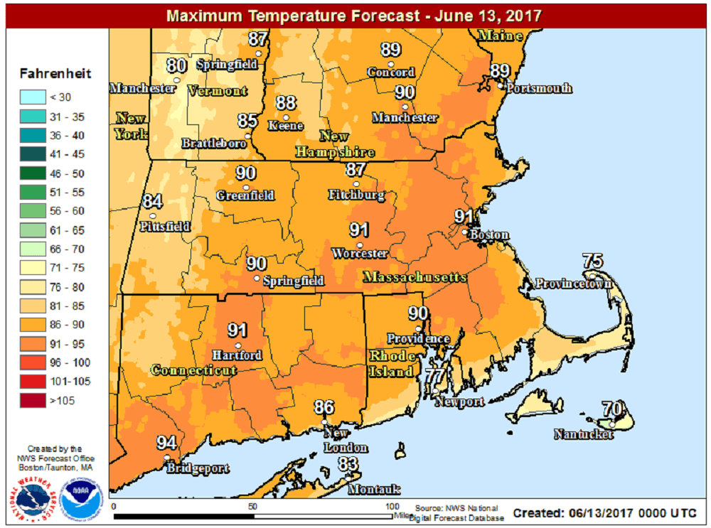 It will be quite hot again today, but cooler air arrives overnight. (Courtesy NOAA)