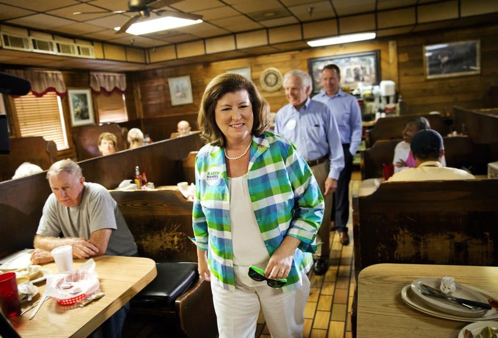 Karen Handel, Republican candidate for Georgia's 6th congressional district greets diners during a campaign stop at Old Hickory House in Tucker, Ga., Monday, June 19, 2017. (David Goldman/AP)