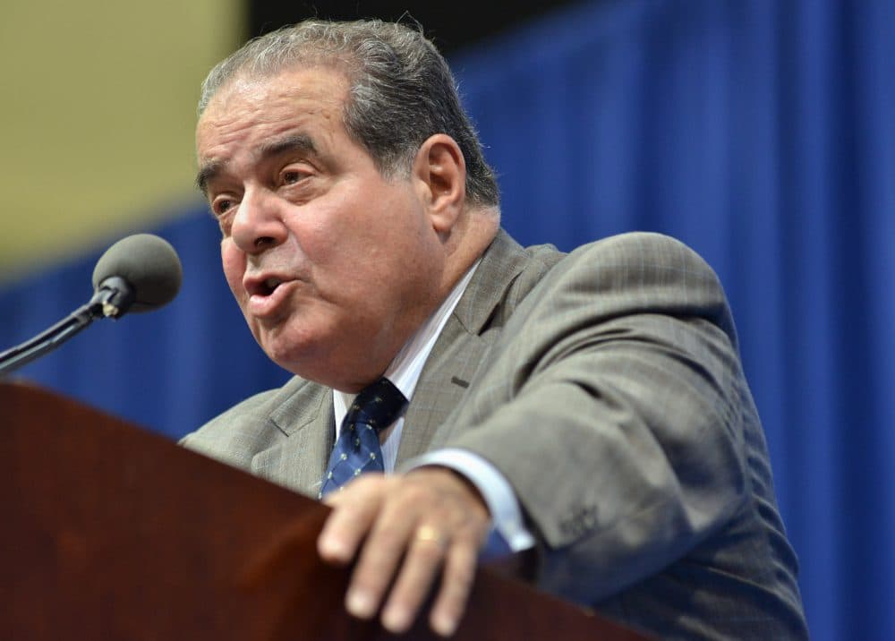 The late Supreme Court Justice Antonin Scalia speaks at Tufts University n 2013. (Josh Reynolds/AP)