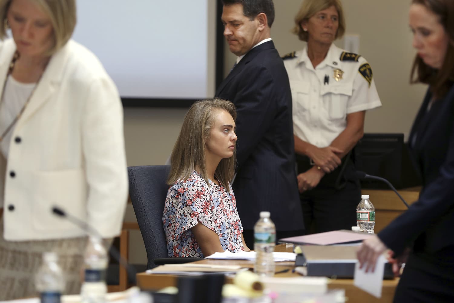 Michelle Carter is charged with involuntary manslaughter for encouraging 18-year-old Conrad Roy III to kill himself in July 2014. (Pat Greenhouse/The Boston Globe via AP, Pool)