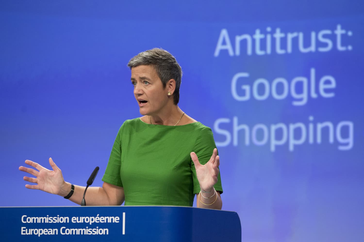 European Union Commissioner for Competition Margrethe Vestager speaks during a media conference at EU headquarters in Brussels on Tuesday, June 27, 2017. The European Union's competition watchdog has fined internet giant Google over its online shopping service. (Virginia Mayo/AP)