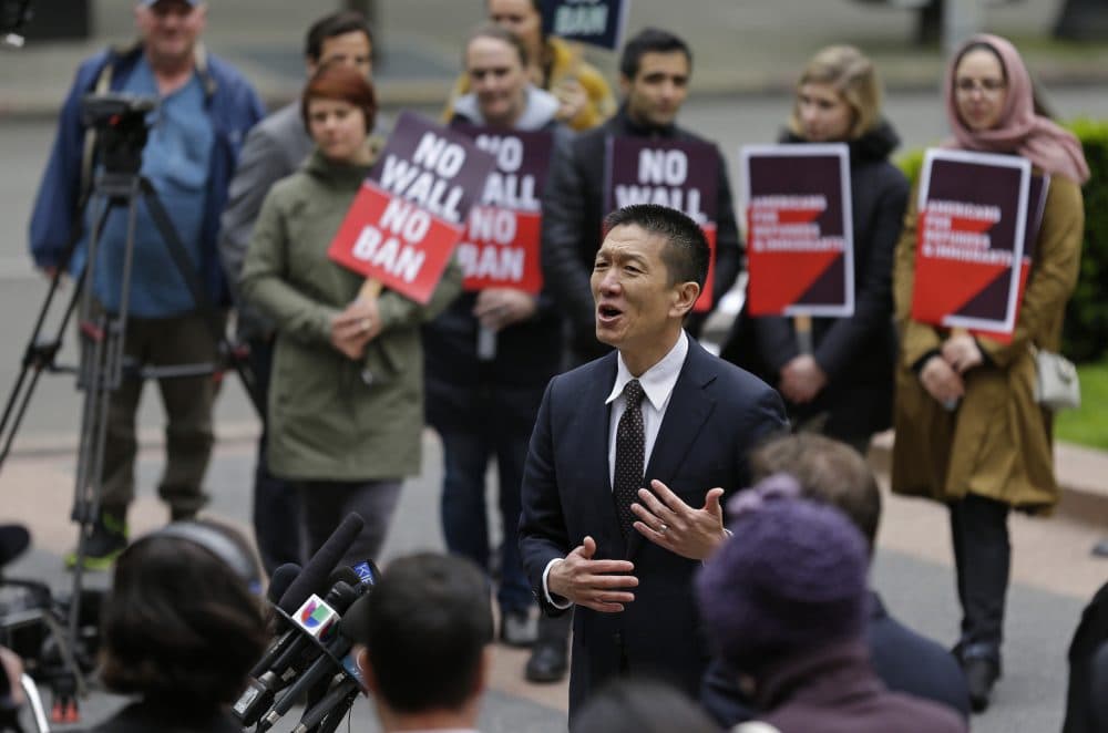 Hawaii Attorney General Doug Chin talks to reporters May 15, 2017 outside a federal courthouse in Seattle. A three-judge panel of the 9th U.S. Circuit Court of Appeals heard arguments Monday in Seattle over Hawaii's lawsuit challenging President Donald Trump's revised travel ban. (Ted S. Warren/AP)