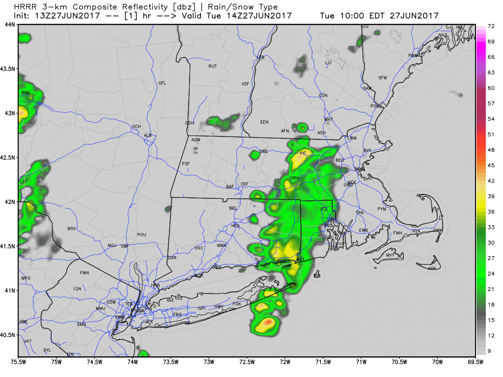 Showers will redevelop this afternoon with scattered strong thunderstorms (Courtesy WeatherBell)