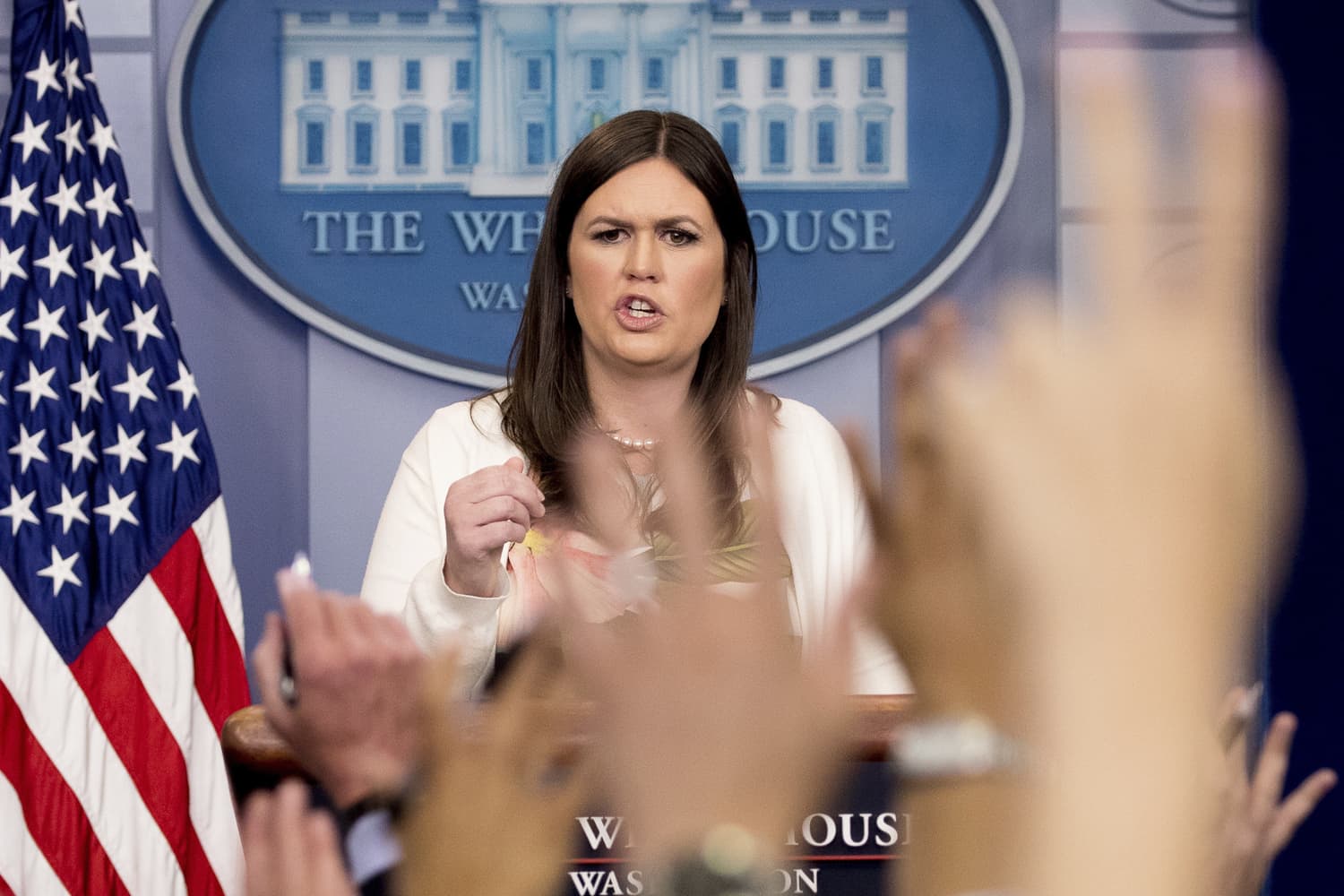 White House deputy press secretary Sarah Huckabee Sanders talks to the media during the daily press briefing at the White House, Monday, June 5, 2017, in Washington.(/Andrew Harnik/AP)