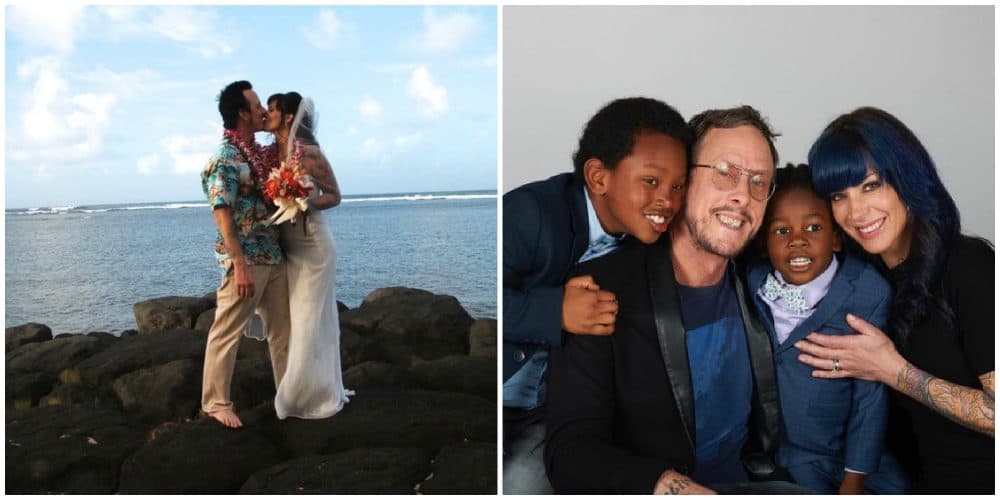Left: Scott Shriner and Jillian Lauren getting married in Kauai. Right: Scott, Jillian and their sons Tariku (left) and Jovi (right).