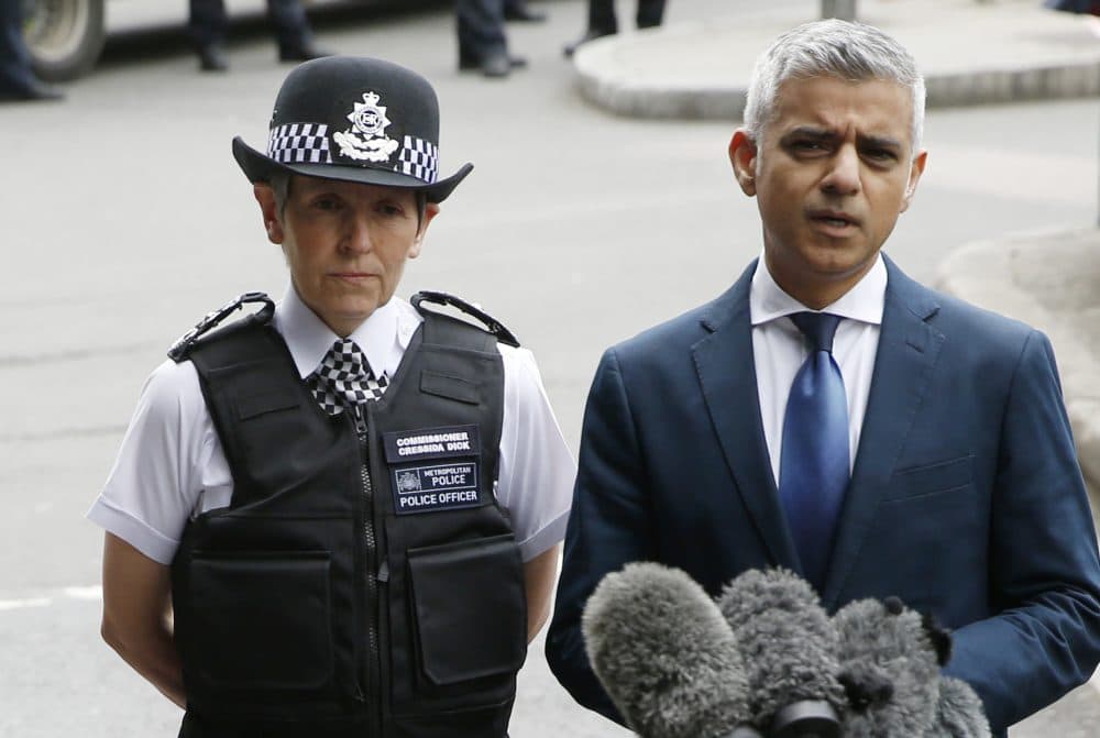 London Police Commissioner Cressida Dick, left, and the Mayor of London Sadiq Khan, participate in a media conference at London Bridge in London, Monday, June 5, 2017. (Alastair Grant/AP)