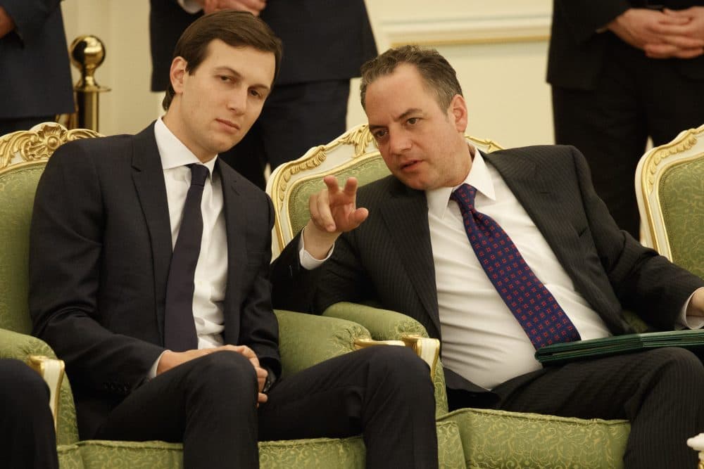 White House senior adviser Jared Kushner, left, talks with White House chief of staff Reince Priebus during a signing ceremony between President Trump and Saudi King Salam, Saturday, May 20, 2017, in Riyadh. (Evan Vucci/AP)