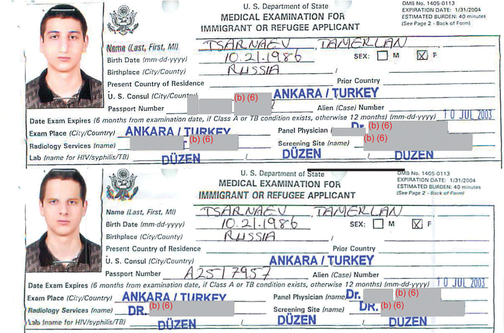 The Medical Examination for Immigrant or Refugee Applicant form, from Tamerlan Tsarnaev's redacted immigration file, from DHS. The top photo depicts Tamerlan. The bottom photo is unknown.
