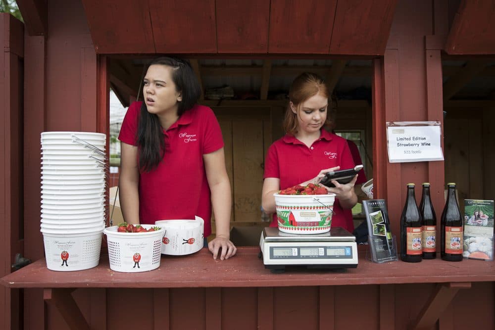 In this May 23 photo, Hannah Waring, left, a student at Loudoun Valley High School, and Abby McDonough, a student at Liberty University, work in the strawberry stand at Wegmeyer Farms in Hamilton, Va. (Carolyn Kaster/AP)