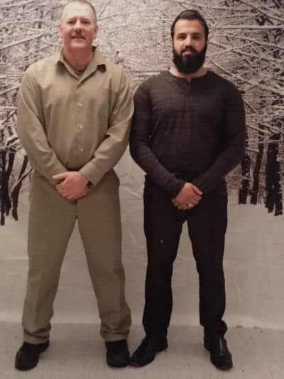 Zahir Mannan, right, visits Ted Hakey at the Federal Correctional Institution in Danbury, Conn. (Courtesy of Ted Hakey)