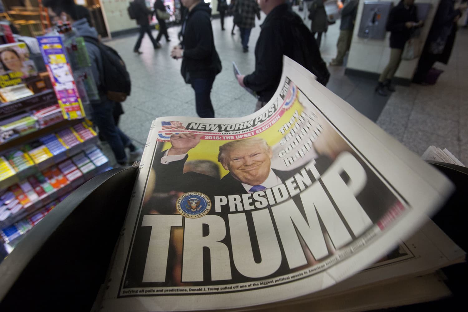 The New York Post newspaper featuring president-elect Donald Trump's victory is displayed on a New York newsstand, Wednesday, Nov. 9, 2016 in New York. (Mark Lennihan/AP)