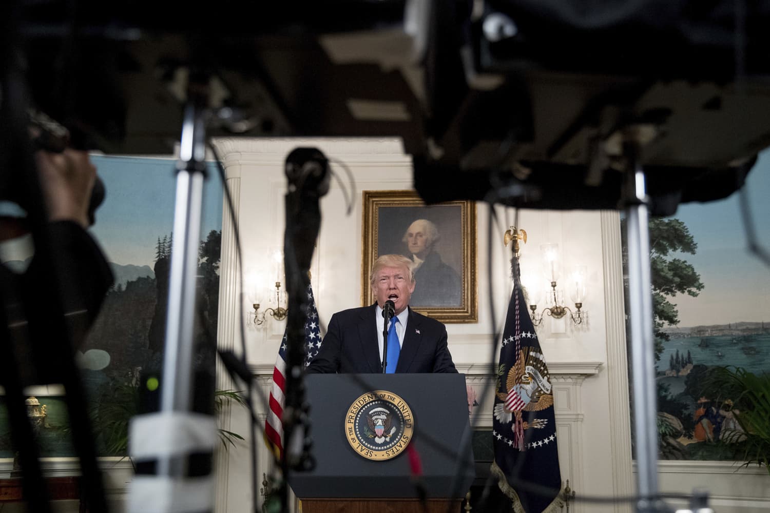 President Donald Trump speaks in the Diplomatic Room of the White House in Washington, Wednesday, June 14, 2017, about the shooting in Alexandria, Va. where House Majority Whip Steve Scalise of La., and others, where shot during a Congressional baseball practice. (Andrew Harnik/AP)