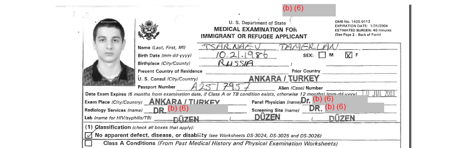 The rescanned image from page 125 of Tamerlan Tsarnaev's A-File.