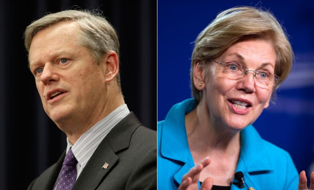 Gov. Charlie Baker and U.S. Sen. Elizabeth Warren racked up big re-election wins on Tuesday. (AP photos)