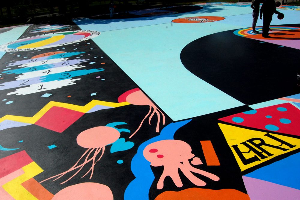 Maria Molteni's &quot;Hard In the Paint&quot; basketball court mural at Boston's Harambee Park. (Greg Cook)