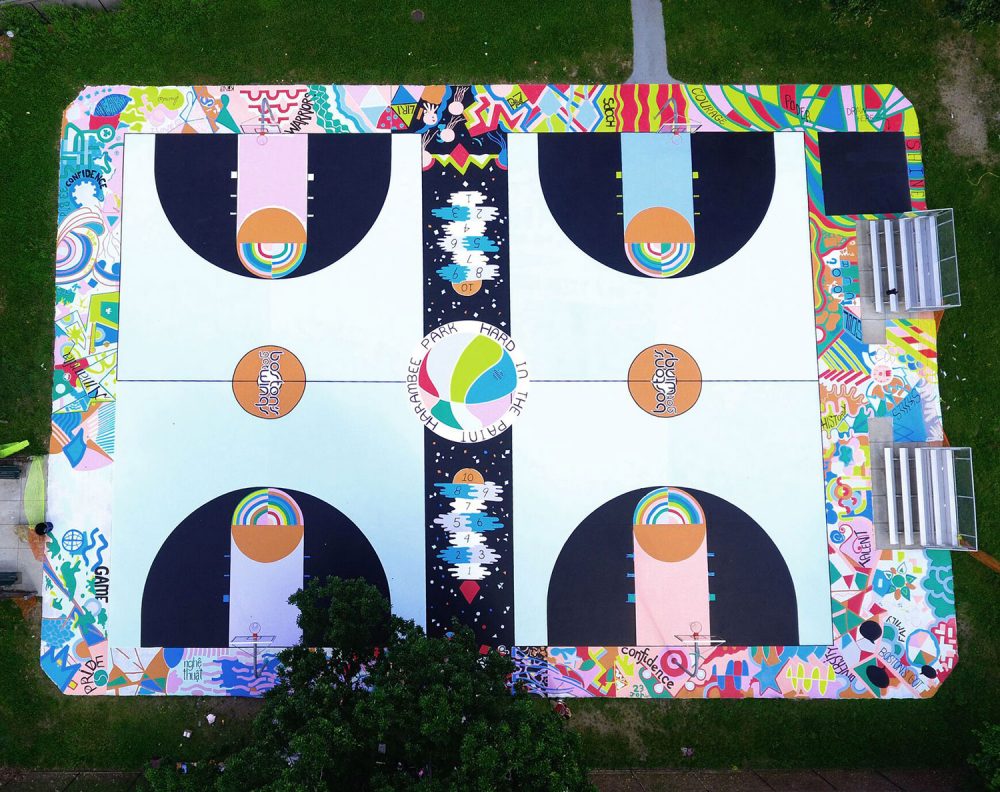 Aerial view of Maria Molteni's &quot;Hard In the Paint&quot; basketball court mural at Boston's Harambee Park. (Alan Shapiro)