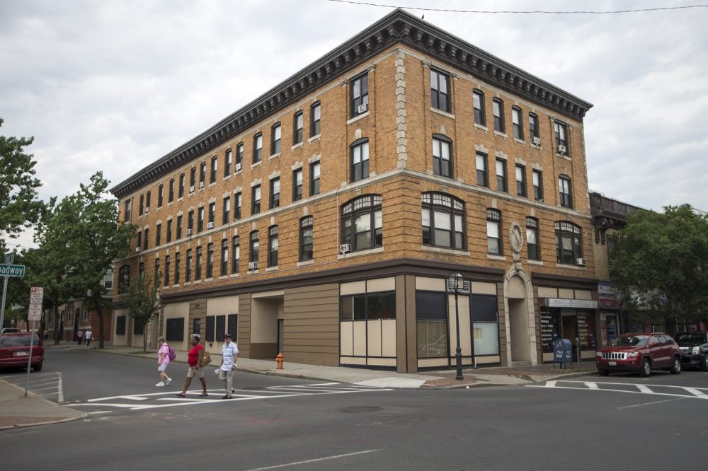 The Chelsea Square Apartments in an area identified as a heat island in the city. (Jesse Costa/WBUR)