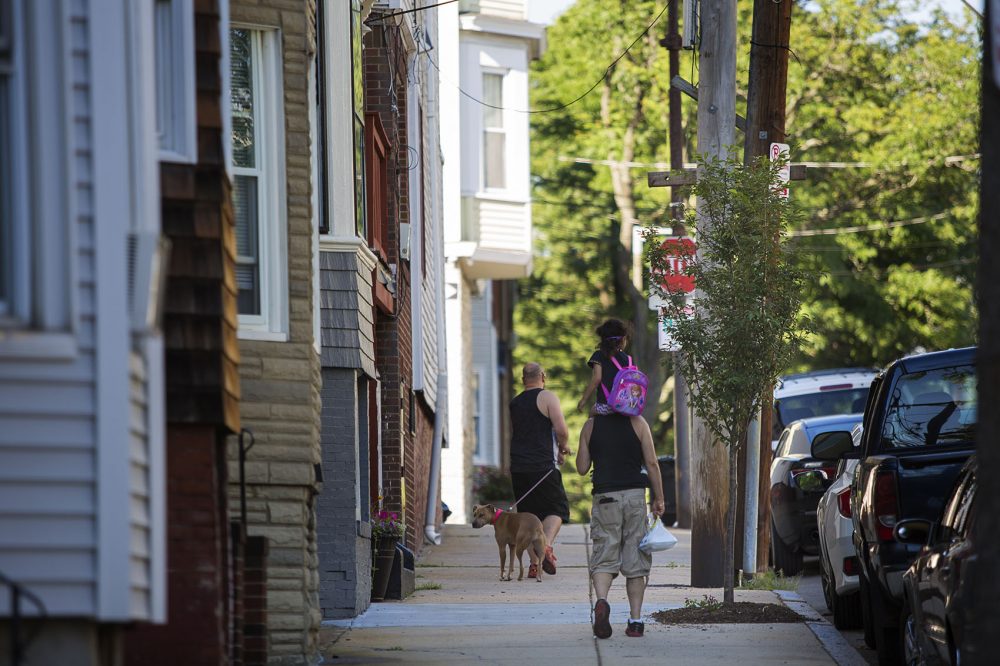 East Boston neighbors walk by a tree recently planted on Trenton Street. (Jesse Costa/WBUR)