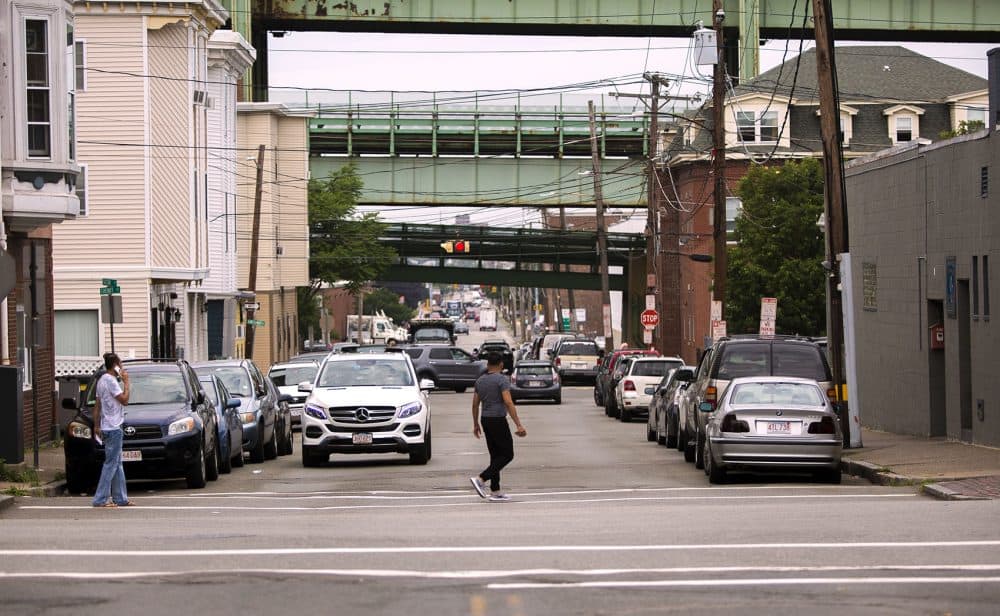 The view down Second Street in Chelsea, where asphalt, cement, brick, metal and human activity all contribute to make this area an urban heat island (Jesse Costa/WBUR)