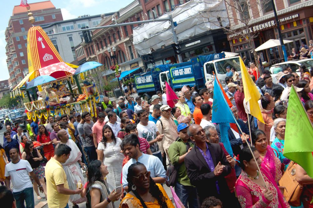 International Society for Krishna Consciousness Boston's Festival of Chariots parades down Boston's Boylston Street. (Greg Cook/WBUR)