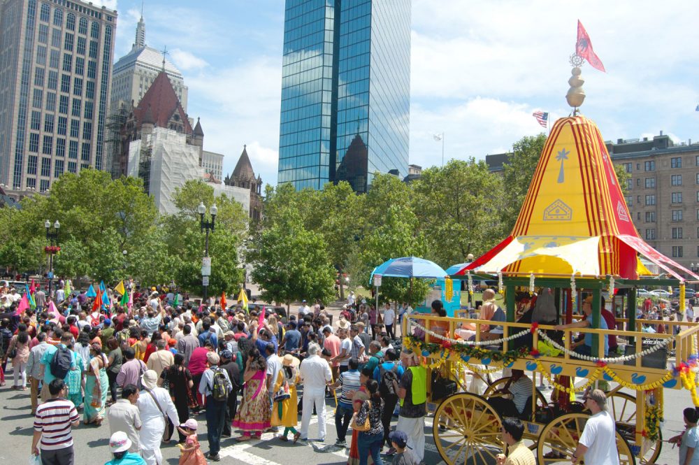 The Festival of Chariots — or Ratha Yatra — passes Copley Square. (Greg Cook/WBUR)
