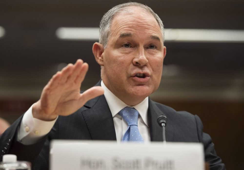 Environmental Protection Agency Administrator Scott Pruitt testifies about the fiscal year 2018 budget during a Senate Appropriations Subcommittee on Interior, Environment, and Related Agencies hearing on Capitol Hill in Washington, June 27, 2017. (Saul Loeb/AFP/Getty Images)