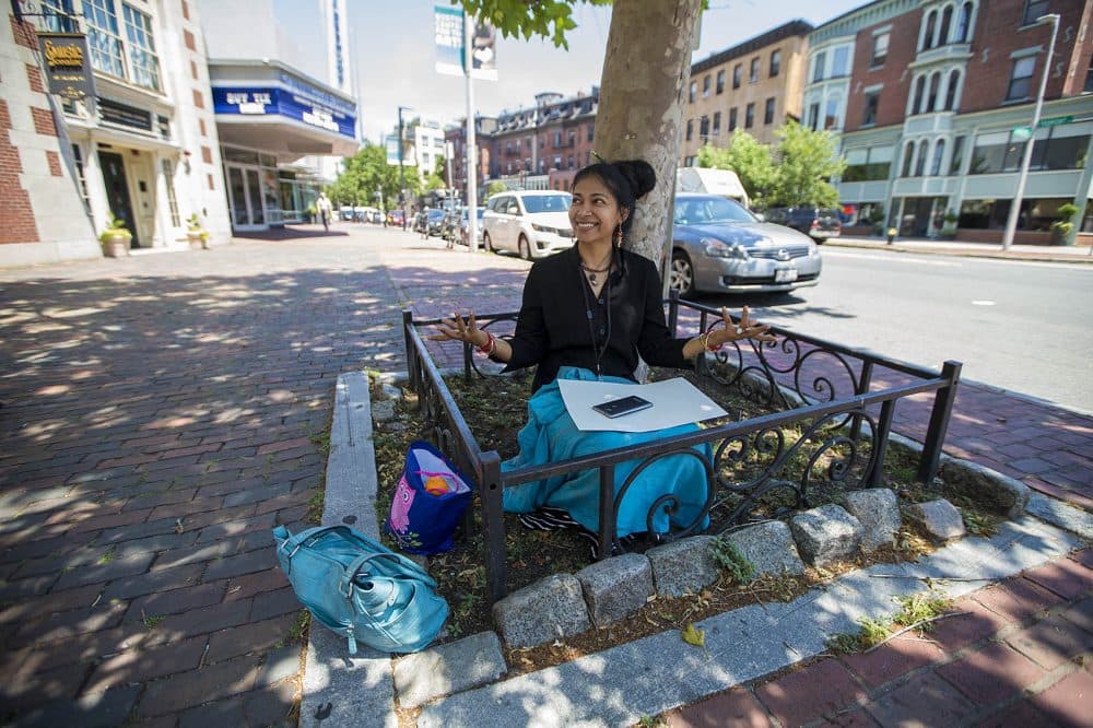 Hama Pertab, a graduate student at MassArt, sits in the tree enclosure before doing her sketch. (Jesse Costa/WBUR)