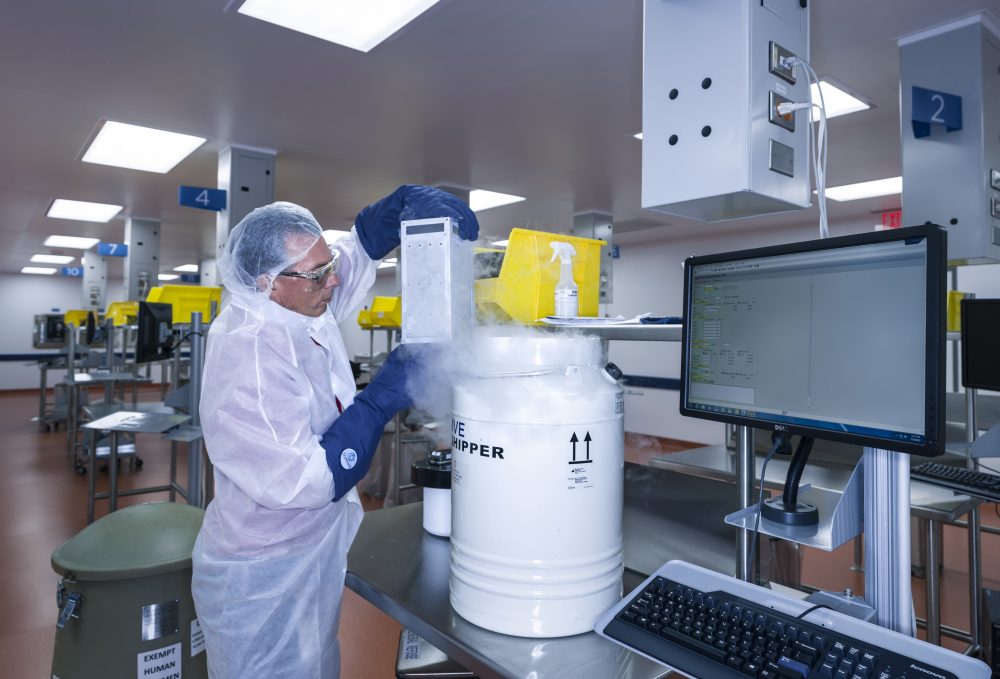 In this July 9, 2015, photo, provided by Novartis Pharmaceuticals Corp., human T cells belonging to cancer patients arrive at Novartis Pharmaceuticals Corp.'s Morris Plains, N.J., facility. This laboratory is where the T cells of cancer patients are processed and turned into super cells as part of a new gene therapy-based cancer treatment Novartis is a part of. (Brent Stirton/Courtesy of Novartis Pharmaceuticals Corp. via AP)