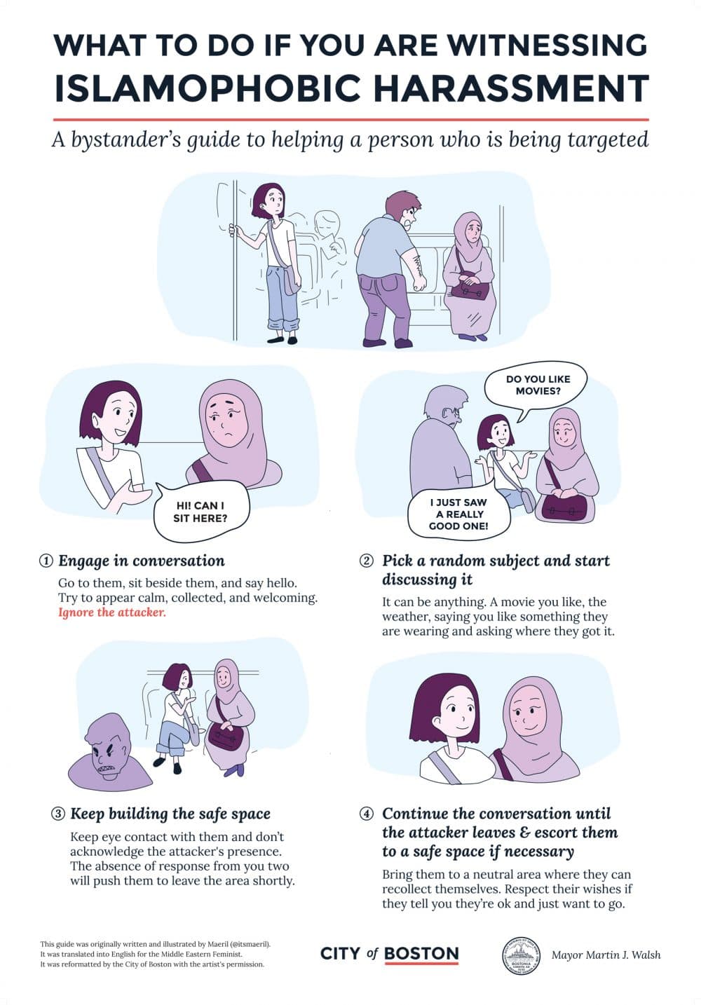The poster instructing people on how to intervene during incidents of Islamophobic harassment. (Courtesy City of Boston)