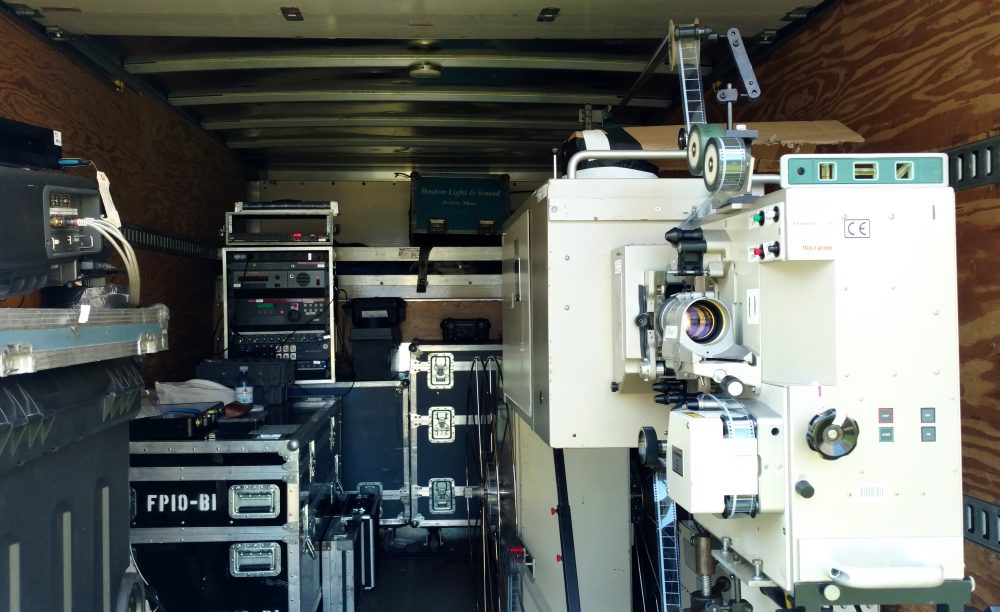 The truck holding all of Boston Light &amp; Sound's equipment for the movie. (Courtesy Coolidge Corner Theatre)