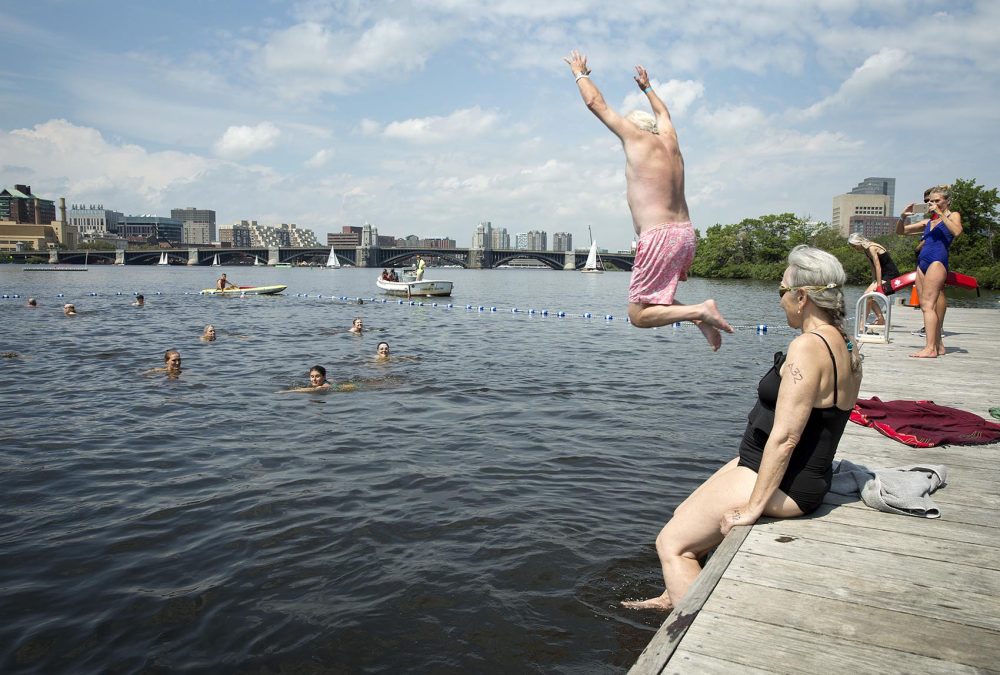 Some jump, some make a slower entry into the Charles River at City Splash. (Robin Lubbock/WBUR)