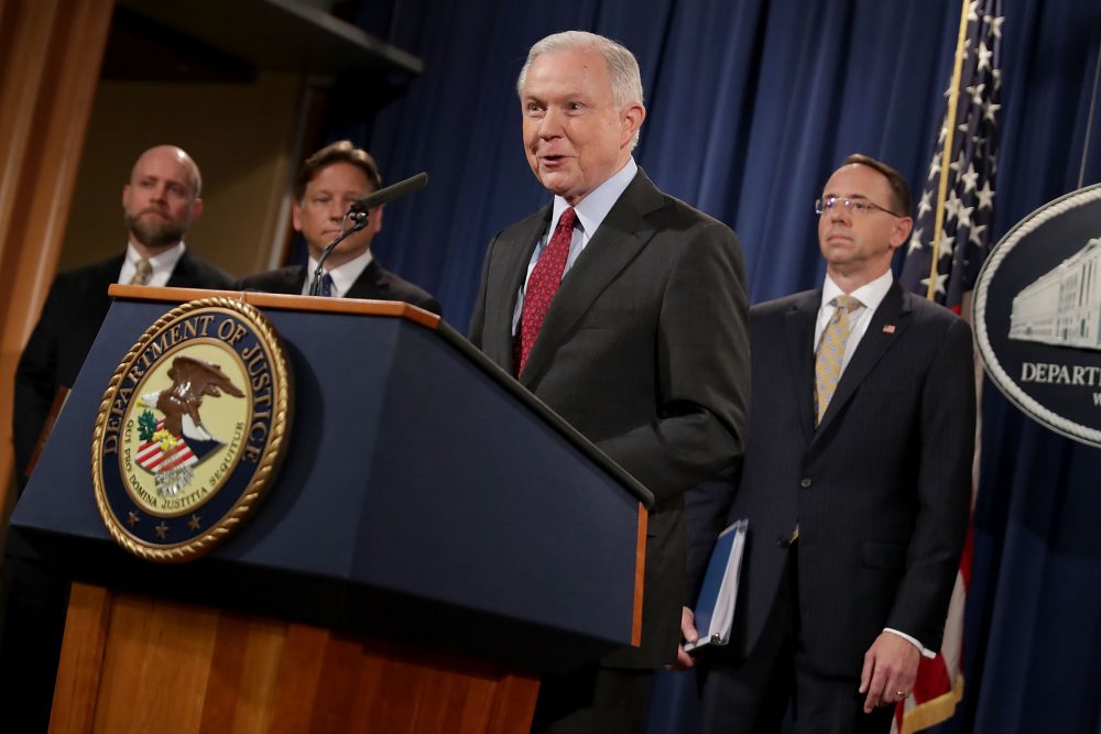 Attorney General Jeff Sessions and other law enforcement officials hold a news conference at the Department of Justice on July 20, 2017, in Washington, D.C. (Chip Somodevilla/Getty Images)