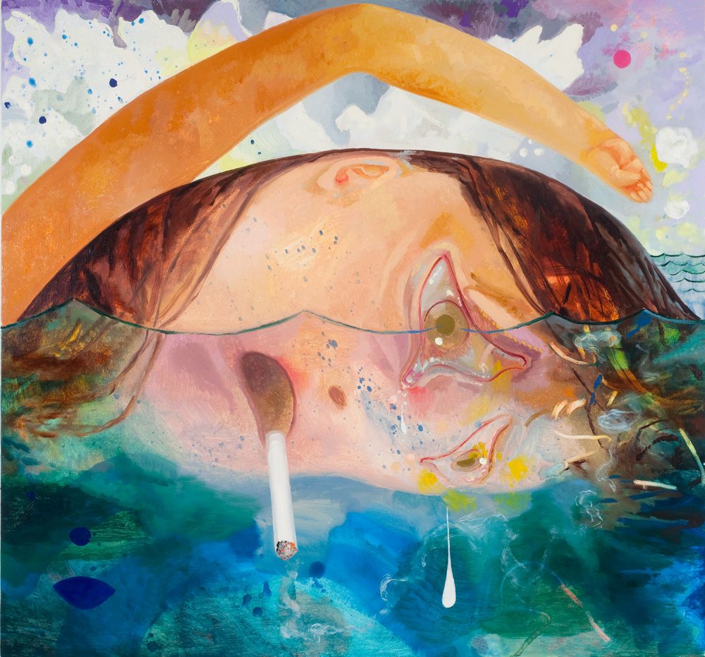 Dana Schutz's 2009 painting &quot;Swimming, Smoking, Crying,&quot; which is featured in her ICA exhibition. (Courtesy the artist and Petzel, New York)
