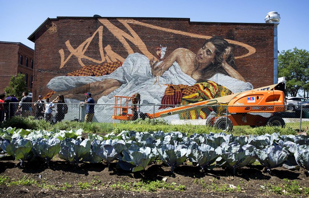 Montreal artist FONKi's mural on Munroe Street in Lynn. (Robin Lubbock/WBUR)