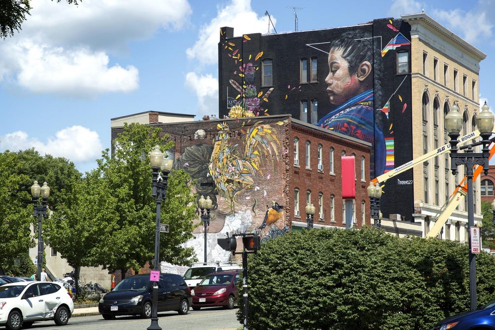 Seen from a distance, petals from Marka27's mural appear to drift into David Zayas' mural. (Robin Lubbock/WBUR)