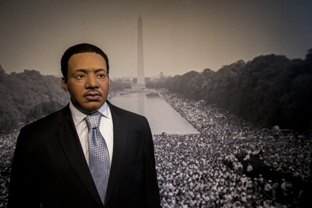 Martin Luther King Jr.'s wax figure at Dreamland is poised to make his &quot;I Have a Dream&quot; speech. (Jesse Costa/WBUR)