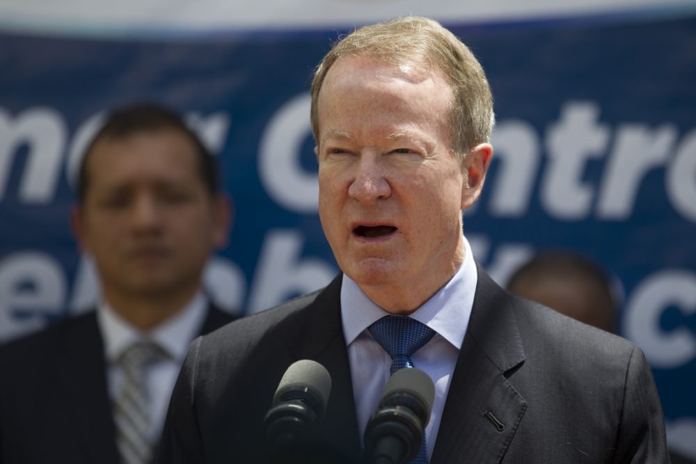 In this March 6, 2017 file photo William Brownfield, assistant secretary for International Narcotics and Law Enforcement Affairs, speaks during a joint press conference with Guatemala's President Jimmy Morales at the inauguration of a women's jail in Fraijanes, Guatemala. (Moises Castillo, file/AP)