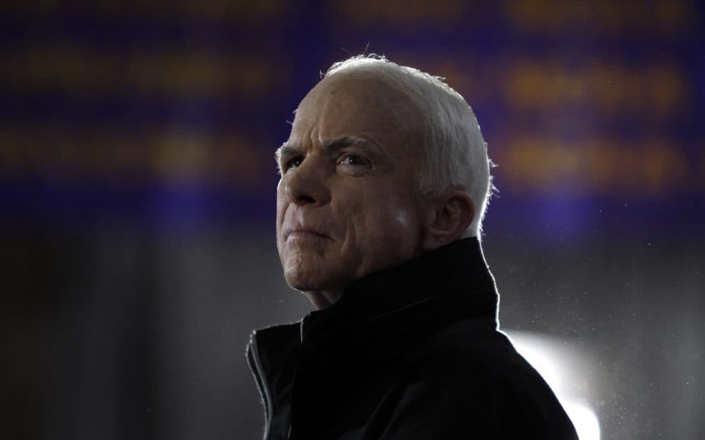 Republican presidential candidate Sen. John McCain, R-Ariz., waits as he is introduced to speak at a rally in Cedar Falls, Iowa, Sunday, Oct. 26, 2008. (Carolyn Kaster/ AP)