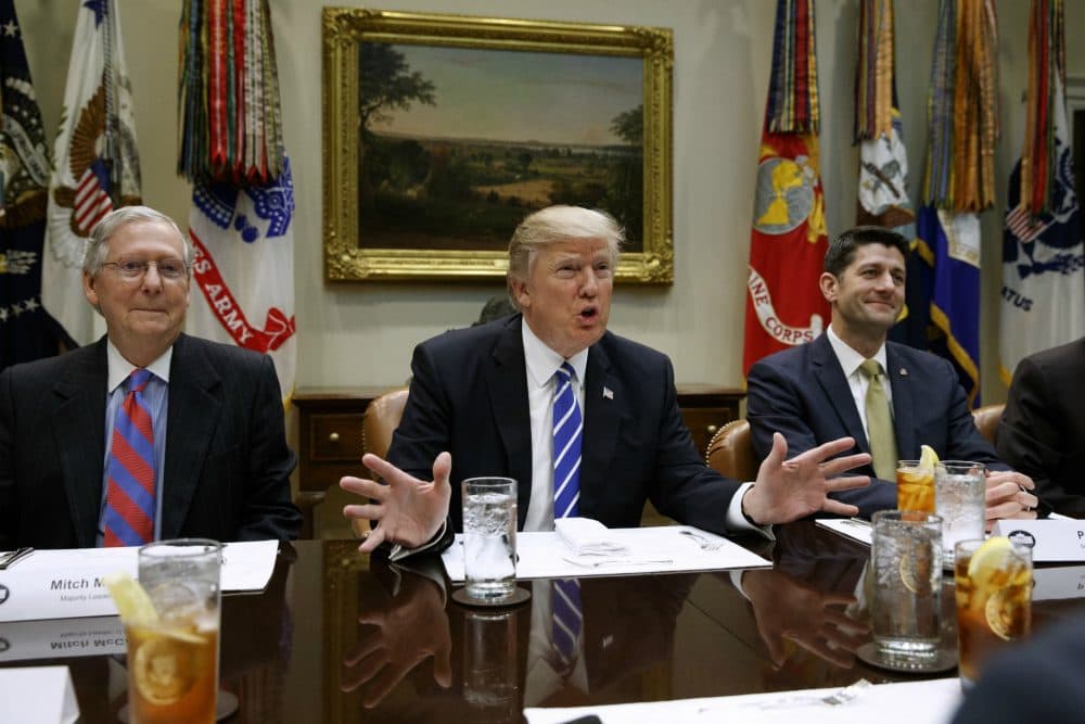 President Trump speaks during a meeting with House and Senate leadership in the Roosevelt Room of the White House on March 1, 2017. From left, Senate Majority Leader Mitch McConnell, R-Ky., Trump and Speaker of the House Paul Ryan, R- Wis. (Evan Vucci/AP)