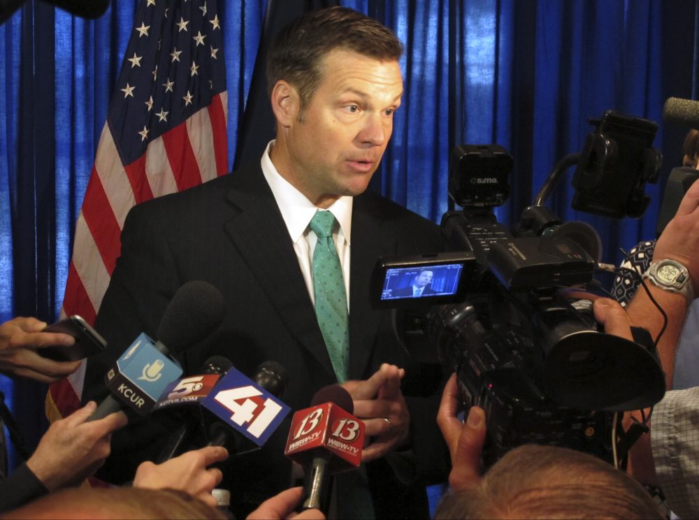 Kansas Secretary of State Kris Kobach speaks to the media on June 8, 2017, at an events center in Lenexa, Kan. Kobach is vice chairman of a presidential commission on voter fraud. (John Hanna/AP)