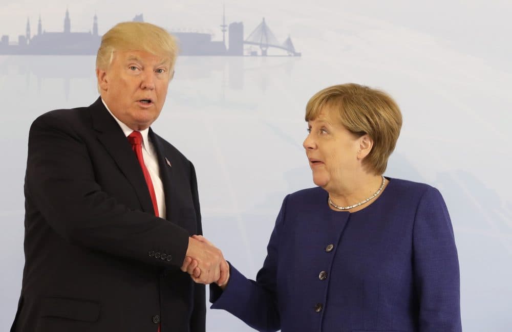President Trump and German Chancellor Angela Merkel pose for a photo prior to a bilateral meeting on the eve of the G-20 summit in Hamburg, Germany, Thursday, July 6, 2017. The leaders of the group of 20 meet July 7 and 8. (Matthias Schrader/AP)