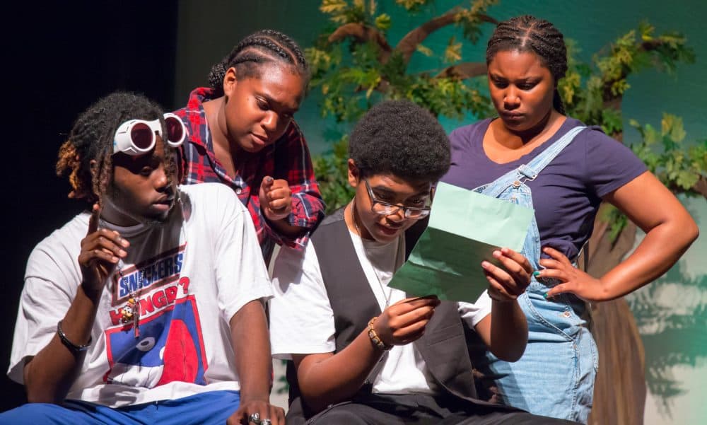 Codman students -- Jayrelle Fairweather as Andrew Aguecheek, Jordyn Davis as Fabian, Tre'Jon Carrasquillo as Toby Belch and Antoinette Webster as Maria -- play a scene from &quot;Twelfth Night.&quot; (Courtesy Huntington Theatre Company)