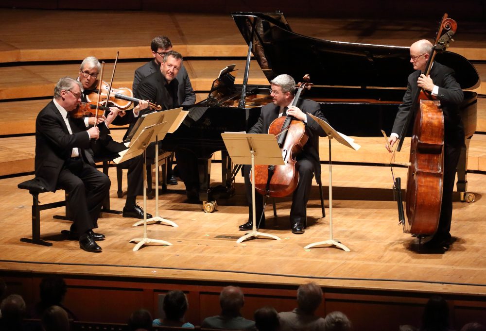 Members of the Emerson String Quartet, Thomas Adès at the piano and BSO principal bassist Edwin Barker perform Schubert&#039;s &quot;Trout Quintet&quot; Thursday night. (Courtesy of Hilary Scott)