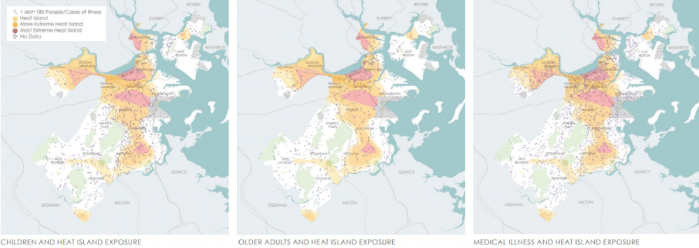 The maps above show both daytime and nighttime heat islands as measured by changes in land surface temperature across Boston. The dots show concentrations of populations vulnerable to heat. (Courtesy the city's Climate Ready Boston report)